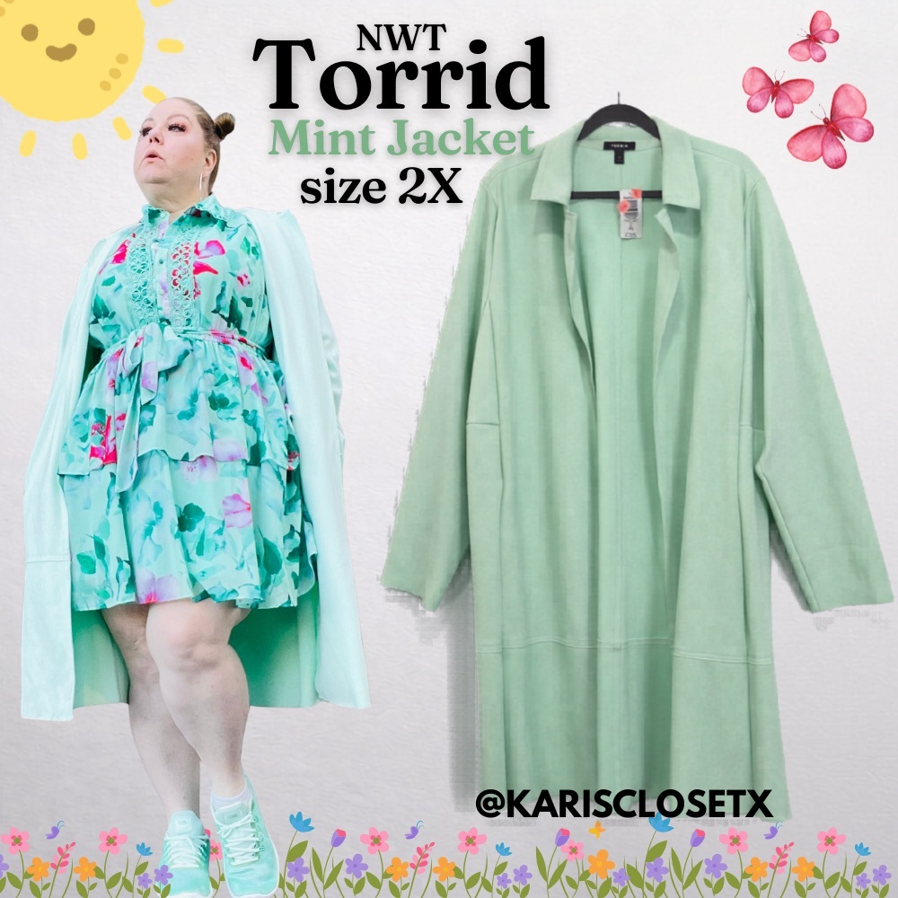 Plus Size Torrid Mint Green Faux Suede Longline Jacket Sz 2X Open Front (NWT) ✨